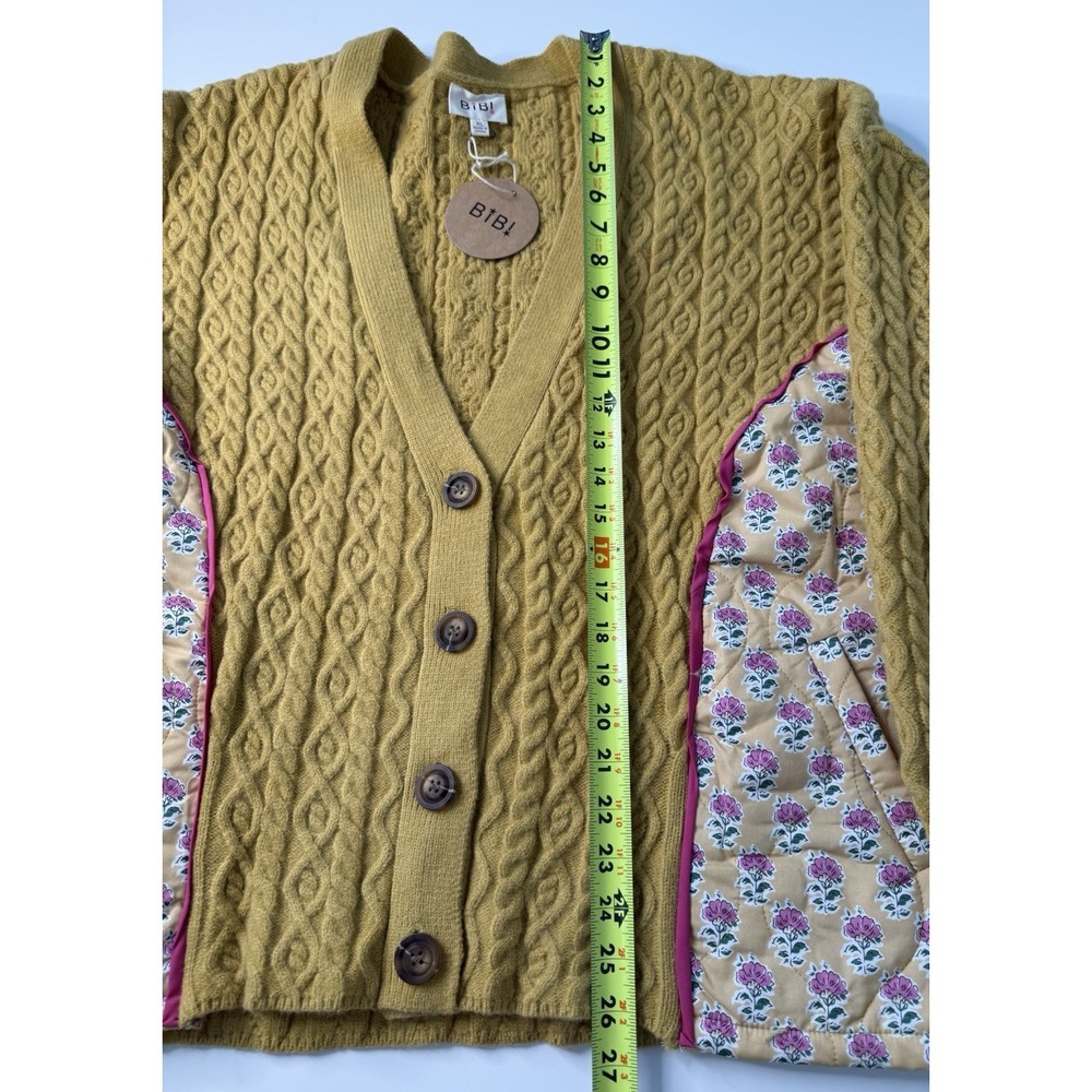 BIBI Cable Knit Floral Combo Cardigan Women's XL Yellow Mustard Quilted NWT - Picture 8 of 14